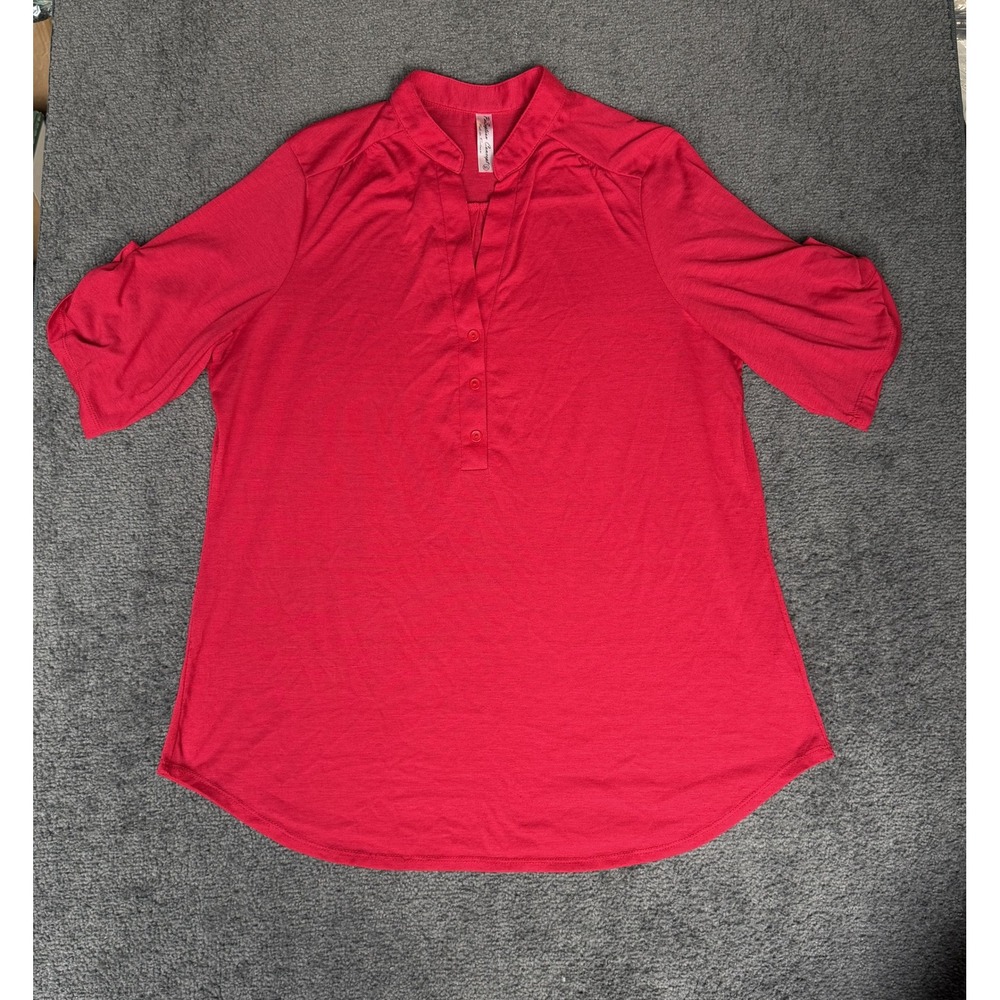 PerSeption Concept Red Split Neck 3/4 Roll Tab Sleeve Blouse XL RA345